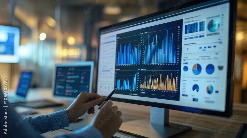 Poster Person Analyzing Data on a Computer Monitor with Graphs and Charts