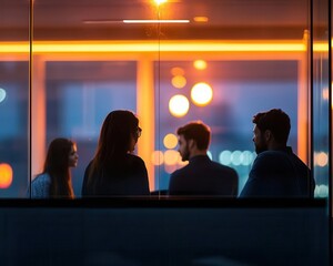 Fototapeta premium Corporate office culture with vibrant employees, soft lighting, sleek modern office, dynamic energy, teamwork