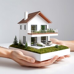 Miniature modern house model, green roof, white cubic structure