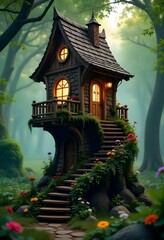 Fototapeta premium A peaceful meadow is the setting for a fantasy castle, with a wooden roof and stained glass windows surrounding colorful flowers and ferns.