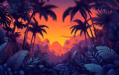 Obraz premium A breathtaking tropical sunset surrounded by lush palm trees and vibrant foliage, creating a serene and vibrant atmosphere in a beautiful wilderness.
