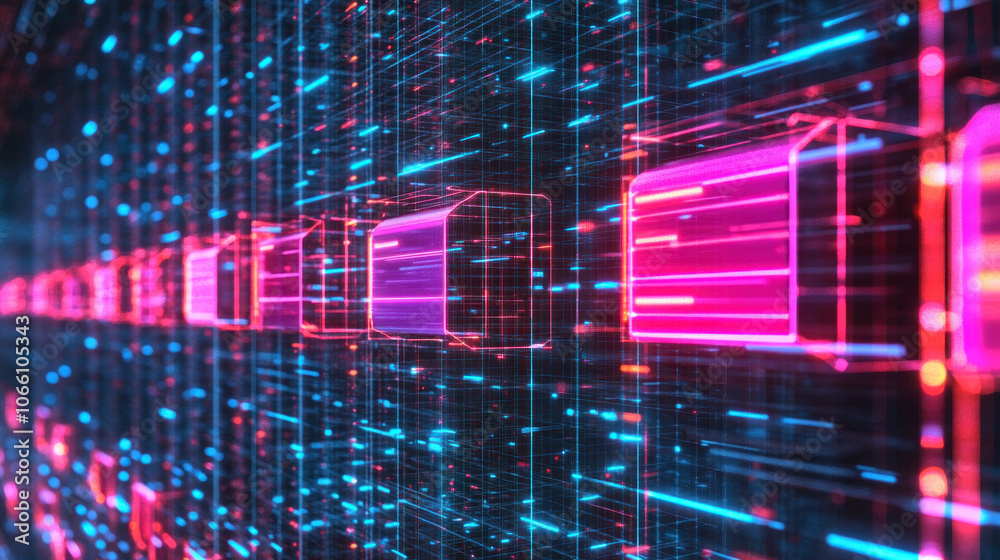 Poster a computer screen with a blue and red background and a row of pink squares. the squares are arranged
