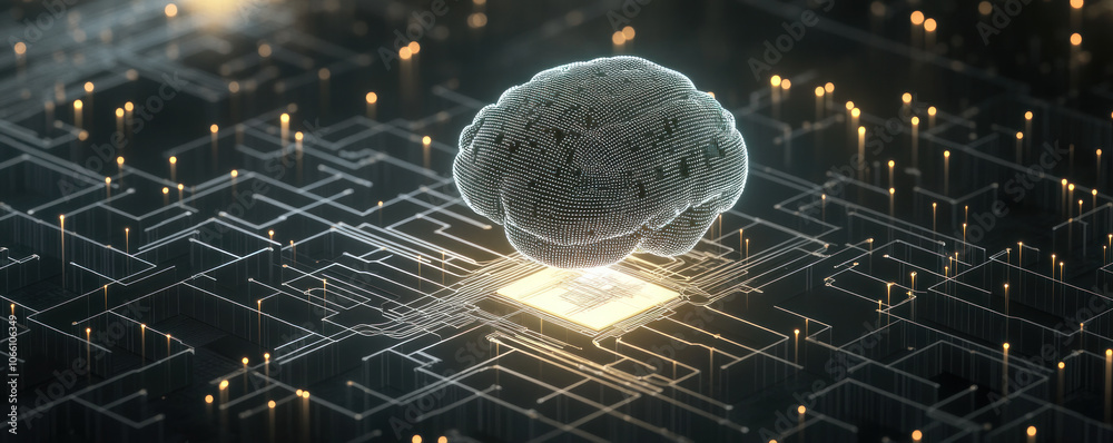 Poster a computer chip with a brain on it. the brain is glowing and surrounded by a network of wires
