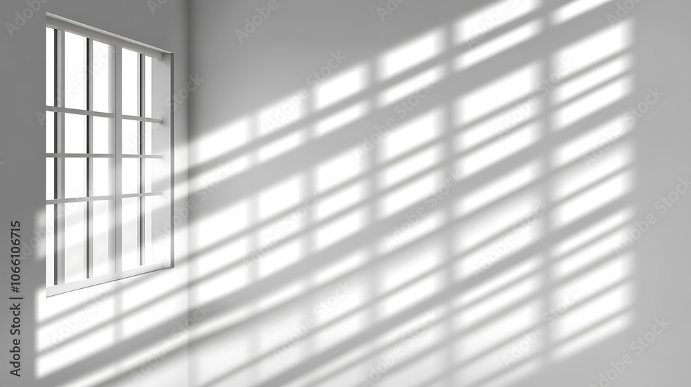 Fototapete Abstract light reflection and grey shadow from window on white wall background, Gray window shadows and sunshine stripe overlay effect for backdrop and mockup design