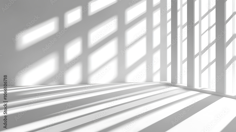 Poster abstract light reflection and grey shadow from window on white wall background, gray window shadows 