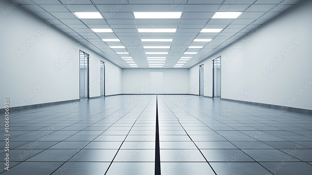 Poster a gray tile floor with a black dividing line runs down the center, and the minimalistic design contr