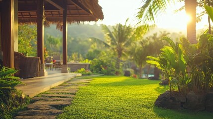 Fototapeta premium Family holiday vacation with vibrant landscape, soft natural lighting, cozy atmosphere, relaxing vibe