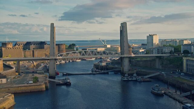 Aerial view. Brest bridge in France. French naval base Brittany region. During the Second World War the city was completely destroyed and has historical glory