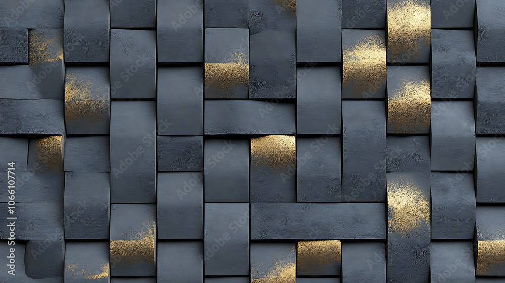 Fototapete Seamless realistic texture showing gray 3D relief tiles arranged in a wicker pattern with golden highlights