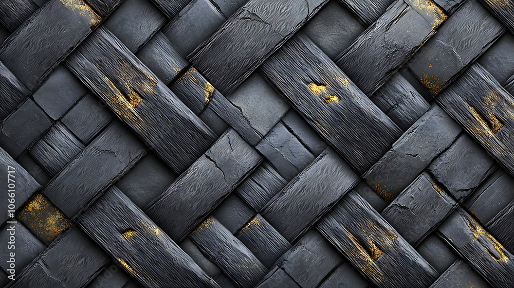 Poster Seamless realistic texture showing gray 3D relief tiles arranged in a wicker pattern with golden highlights