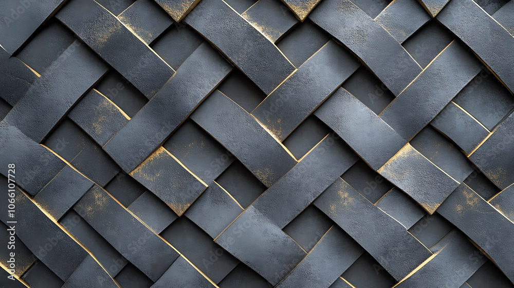 Poster Seamless realistic texture showing gray 3D relief tiles arranged in a wicker pattern with golden highlights