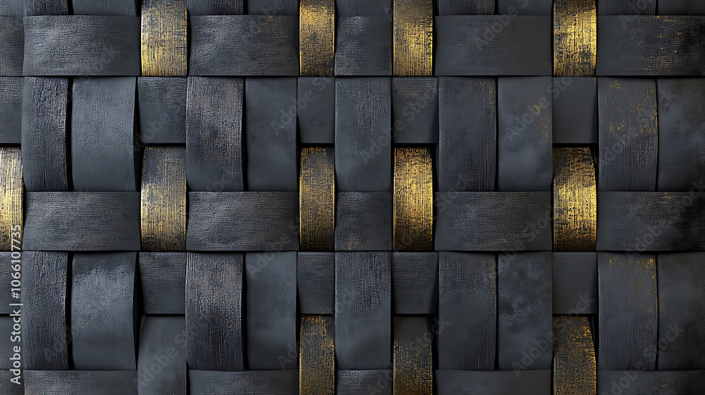 Poster Seamless realistic texture showing gray 3D relief tiles arranged in a wicker pattern with golden highlights