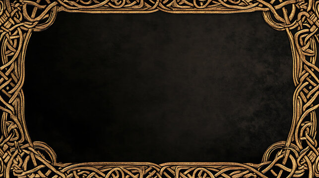 Scandinavian-inspired frame design, blending ancient Celtic and Viking motifs, isolated on a black background