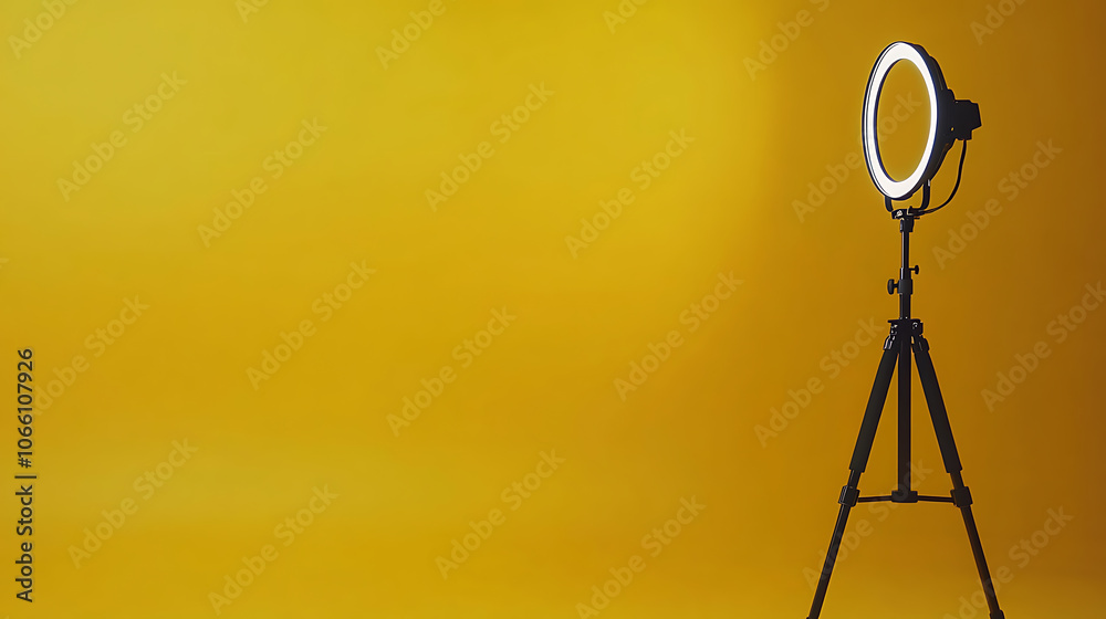 Poster Modern tripod with a ring light and smartphone, set against a yellow background with space for text