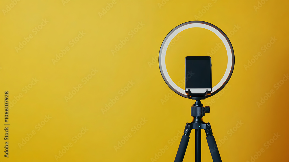 Aufkleber modern tripod with a ring light and smartphone, set against a yellow background with space for text