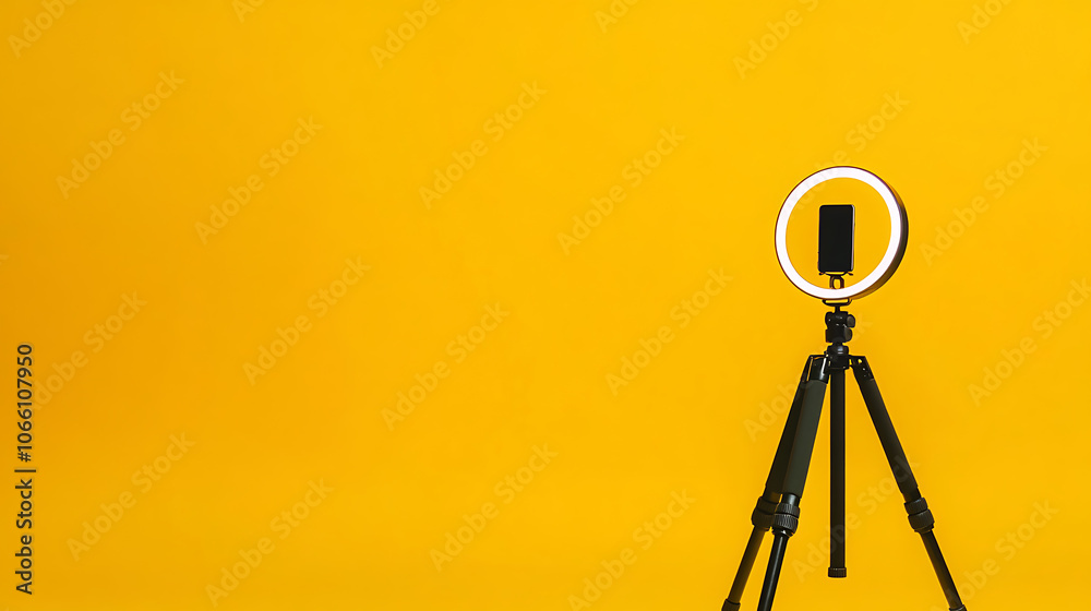 Poster modern tripod with a ring light and smartphone, set against a yellow background with space for text