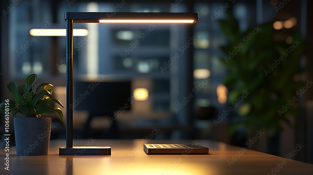 Poster close-up of a modern, stylish workspace with a table lamp, decor, and copy space for product mockups