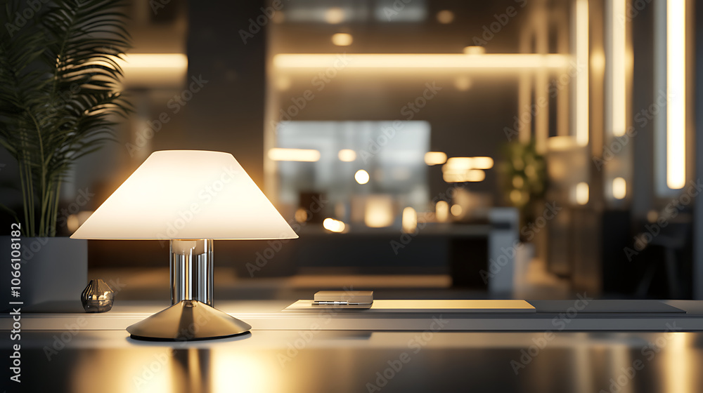 Poster close-up of a modern, stylish workspace with a table lamp, decor, and copy space for product mockups