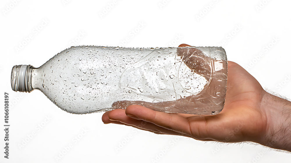 Poster Close-up of a hand holding an empty plastic bottle with visible condensation, isolated on a white background and viewed from the front