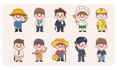 Cute cartoon hand drawn man in job character set. Thai teacher, farmer,doctor,lawyer,military ,fireman,soldier and government uniform character. illustration vector premium design.