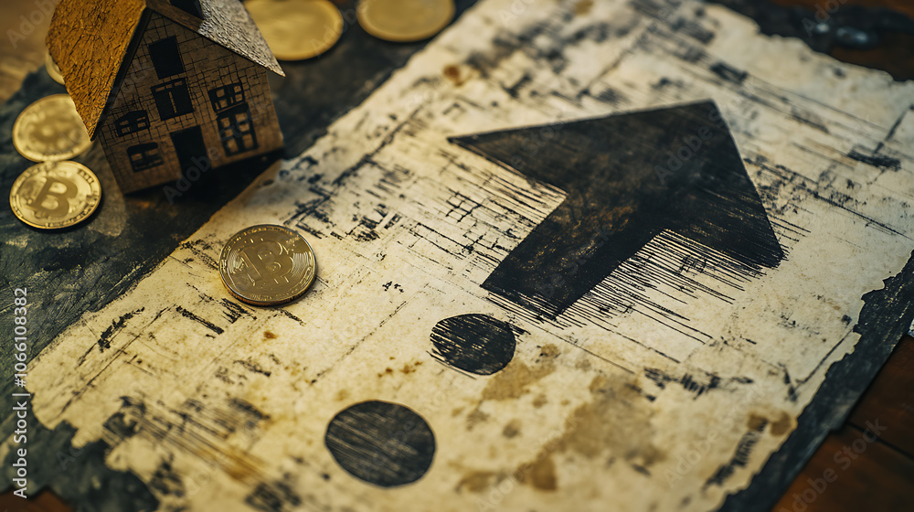 Poster an exclamation mark symbol displayed on a technical drawing, with a paper house and coins featured i