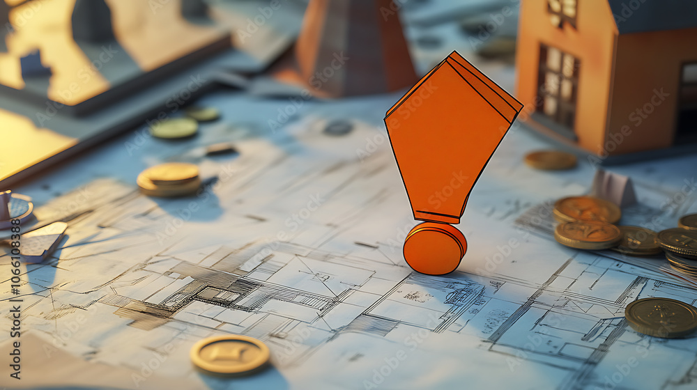 Poster an exclamation mark symbol displayed on a technical drawing, with a paper house and coins featured i