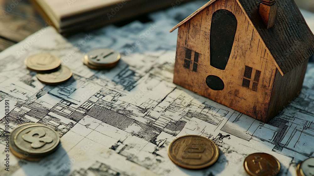 Poster an exclamation mark symbol displayed on a technical drawing, with a paper house and coins featured i