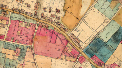 Obraz premium An imaginary cadastral map showing buildings, land parcels, and vacant plots, reflecting themes of land records and property registration