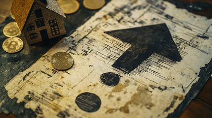 An exclamation mark symbol displayed on a technical drawing, with a paper house and coins featured in the background