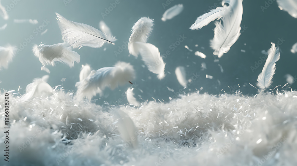 Poster A scene of delicate white feathers falling onto a pile, creating a soft and fluffy texture like swan feathers