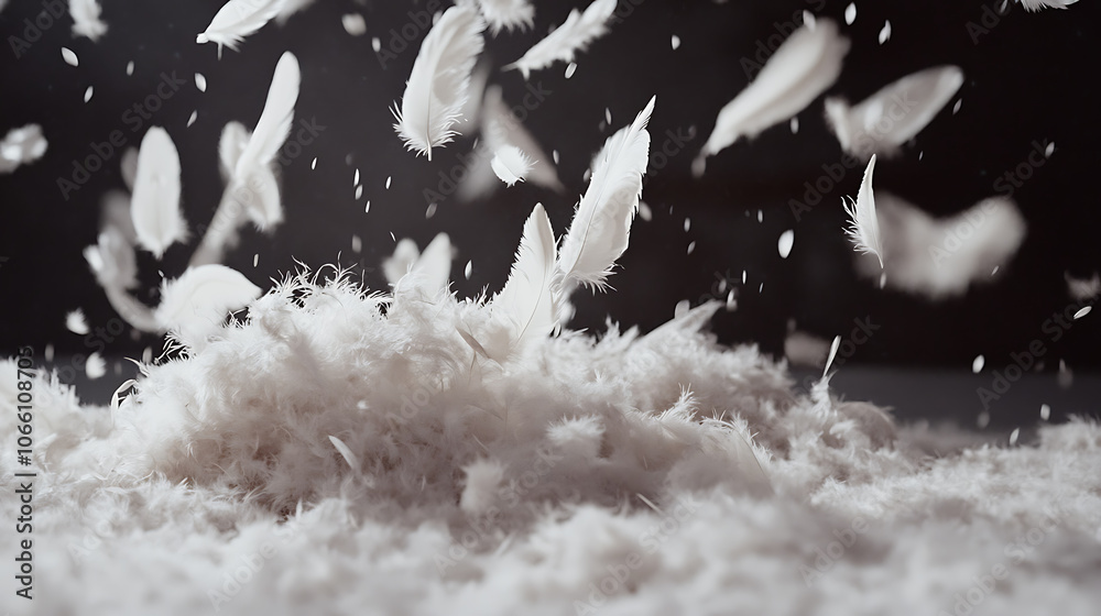 Poster A scene of delicate white feathers falling onto a pile, creating a soft and fluffy texture like swan feathers