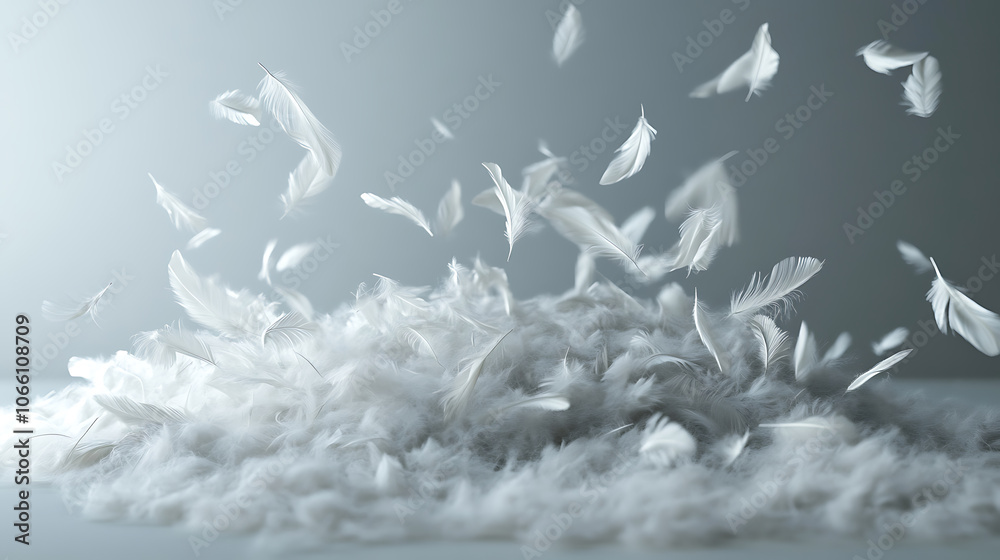 Poster A scene of delicate white feathers falling onto a pile, creating a soft and fluffy texture like swan feathers