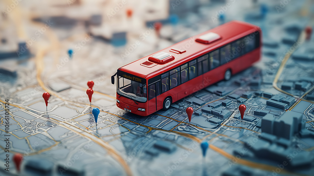 Aufkleber a red bus along with pins and a route mapped across a city layout, relating to adventure, navigation