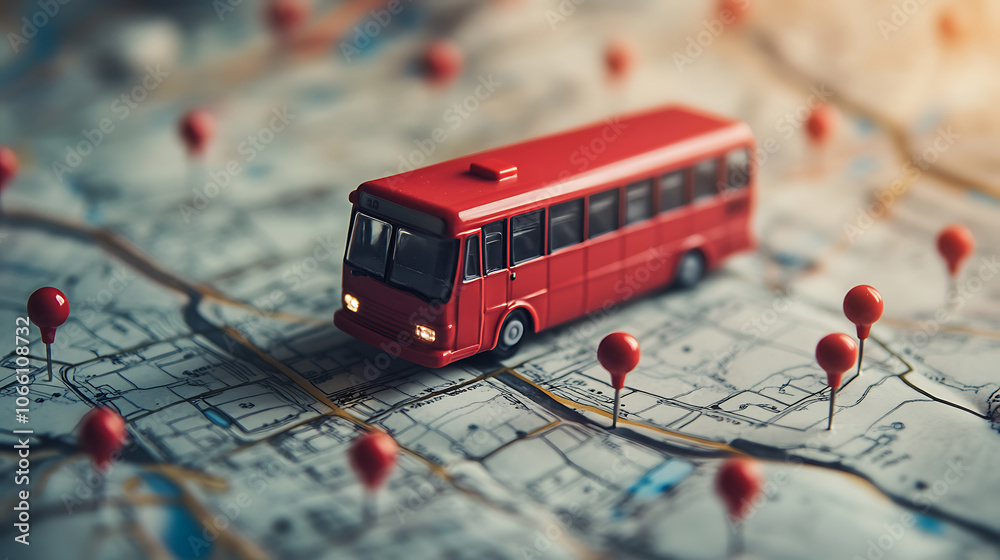 Aufkleber a red bus along with pins and a route mapped across a city layout, relating to adventure, navigation