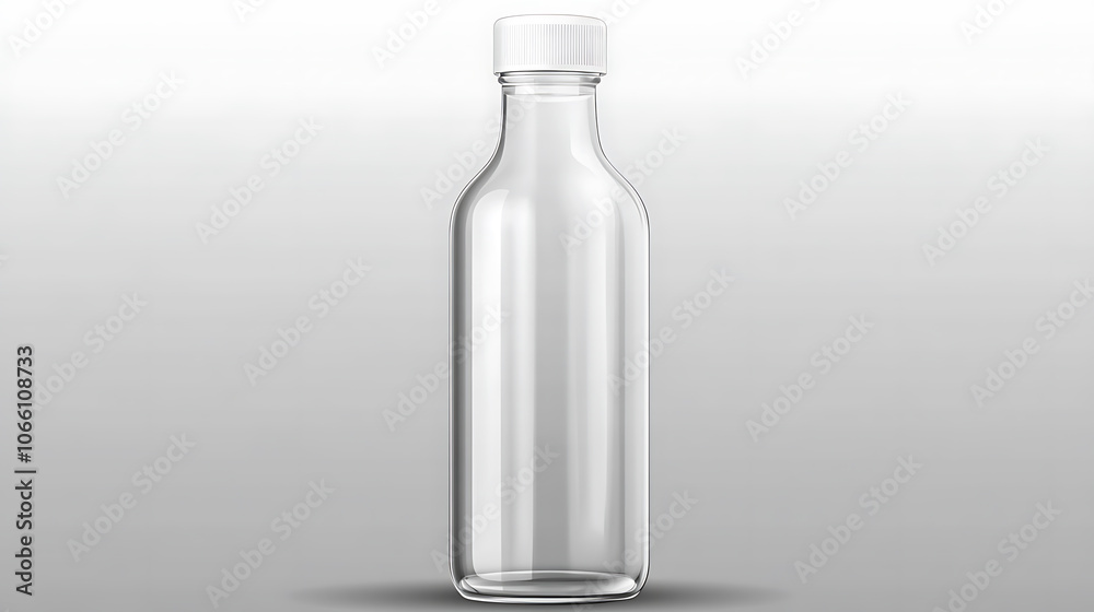 Poster a realistic vector mockup of a clear empty glass bottle with a white plastic screw cap, set against 