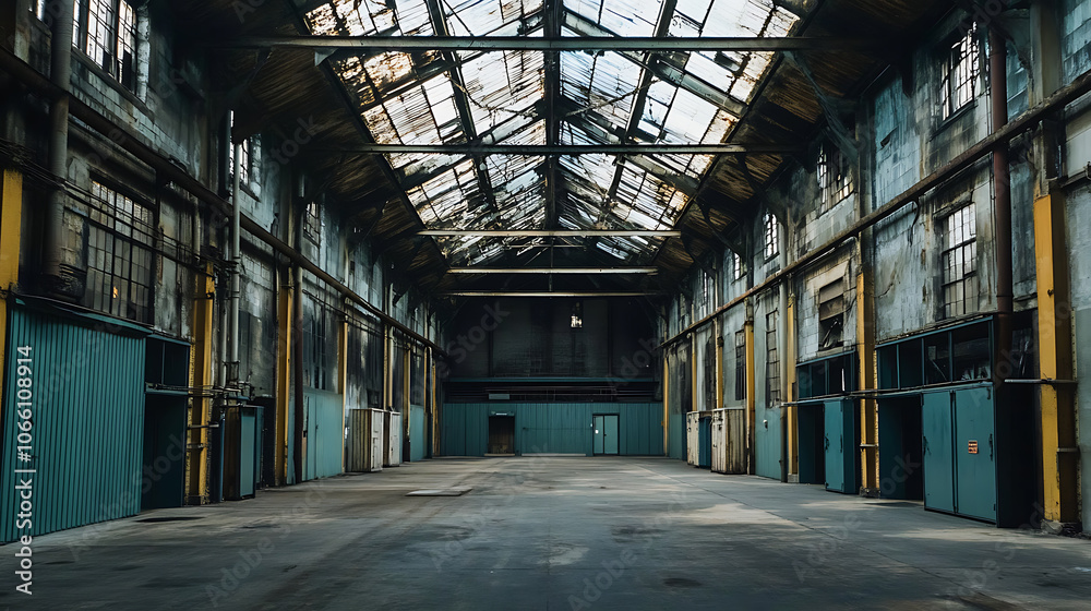 Poster a large, spacious factory workshop is shown in this building