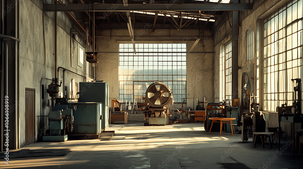 Poster a large, spacious factory workshop is shown in this building