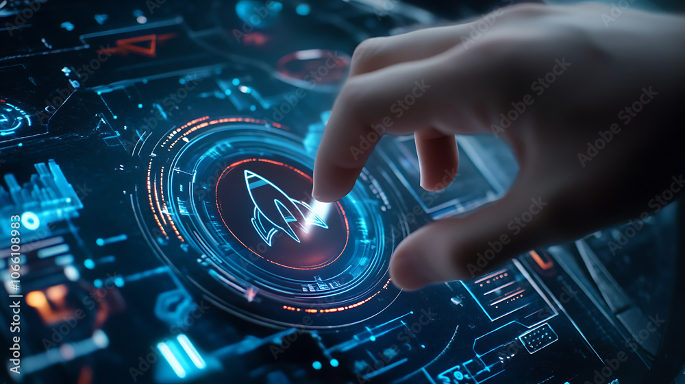 Aufkleber A hand turning a button featuring a rocket icon, symbolizing maximum acceleration, in a composite image with a 3D background