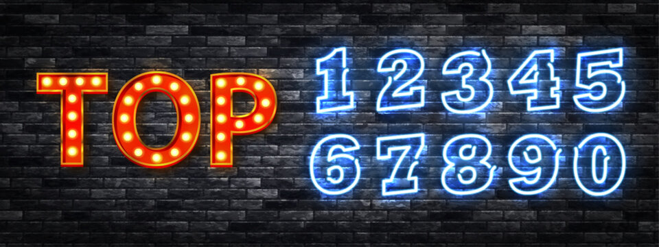 Vector set of neon sign of Top logo with neon numbers isolated on wall background.
