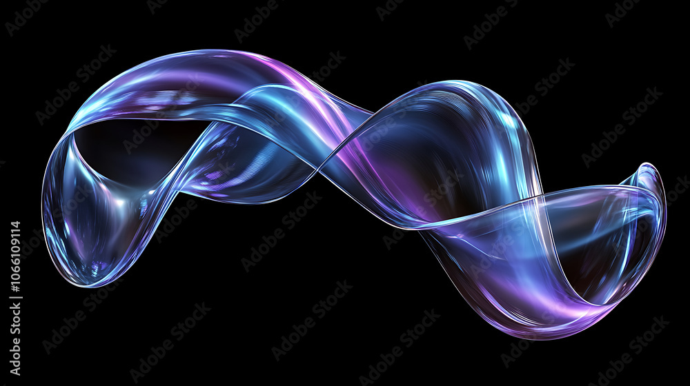 Leinwandbilder A flowing, transparent liquid glass ribbon with a holographic gradient in blue and purple tones, forming a dynamic curve shape and presented as a floating design element
