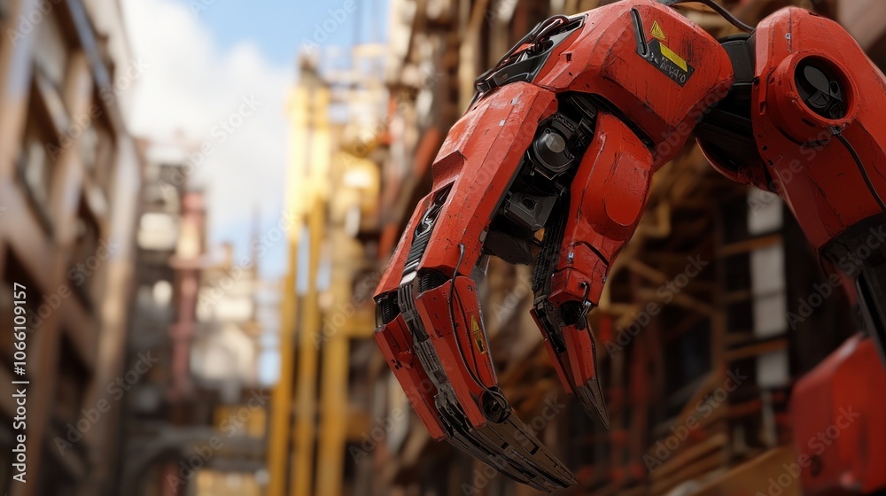 Poster close-up of a red robot arm with a blurred city background
