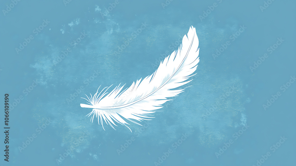 Poster a depiction of a single white feather gracefully falling against a blue background, highlighting the