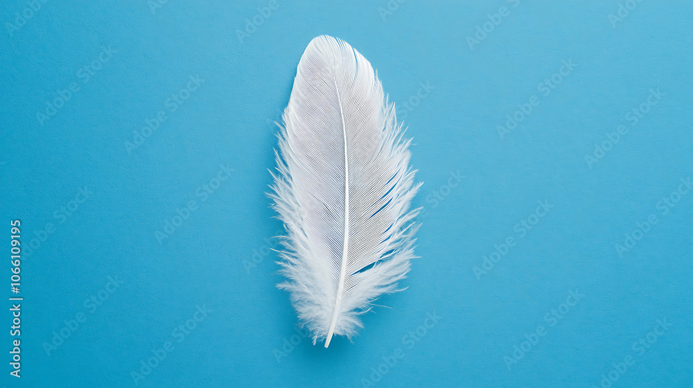 Poster a depiction of a single white feather gracefully falling against a blue background, highlighting the