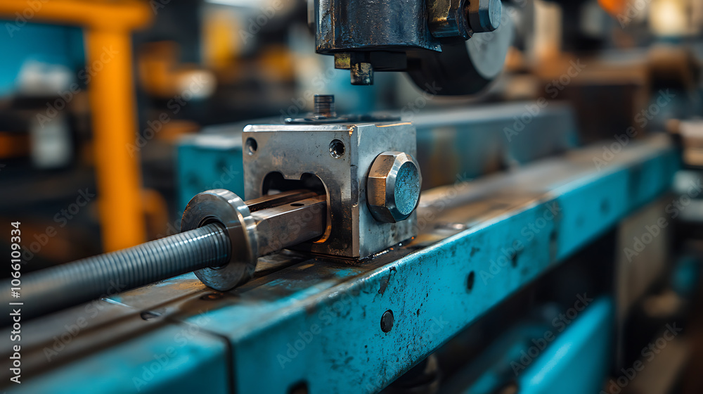 Poster A close-up of workpieces and a jig fixture using a manual quick clamp for electric MIG robotic welding in a factory setting