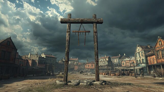 A wooden gallows stands in the center of a deserted Western town square, with a cloudy sky above.
