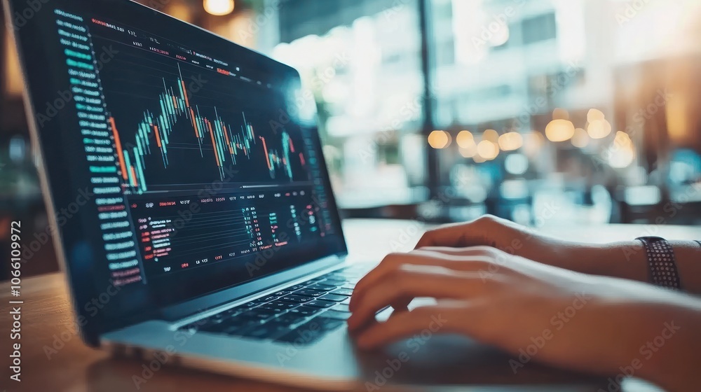 Poster a person's hand typing on a laptop with stock market data displayed on the screen