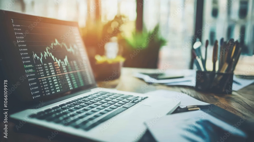 Poster laptop with stock market data display on a desk