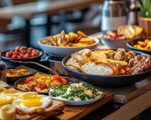 Obraz premium Gourmet breakfast spread with vibrant dishes, soft lighting, sleek modern kitchen, cozy atmosphere