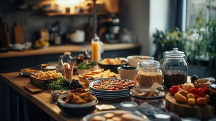 Fototapeta premium Gourmet breakfast spread with vibrant dishes, soft lighting, sleek modern kitchen, cozy atmosphere