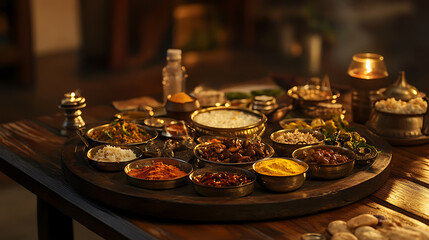 vibrant indian thali with an array of colorful dishes spices and aromas presented on a rustic wooden table with ambient lighting